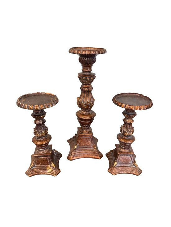 Other - Antique Style Pedestal Candle Holder Stands Set Of 3 Table Ornate Resin Gold Bro